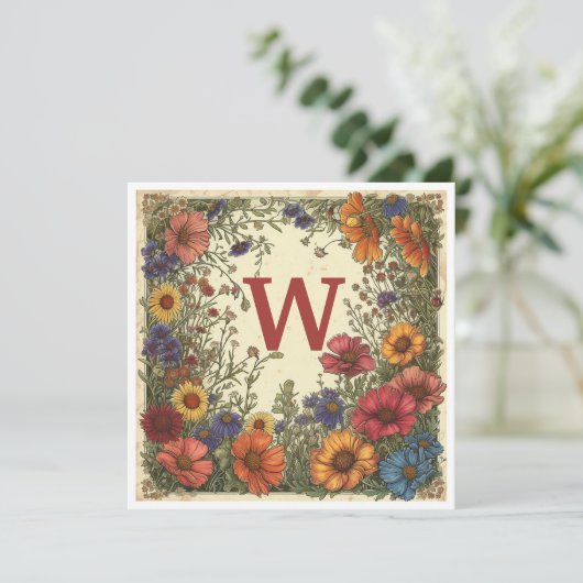 "W" Milano Rood: Bloom & Monogram Feestdagenkaart (Staand voorkant)