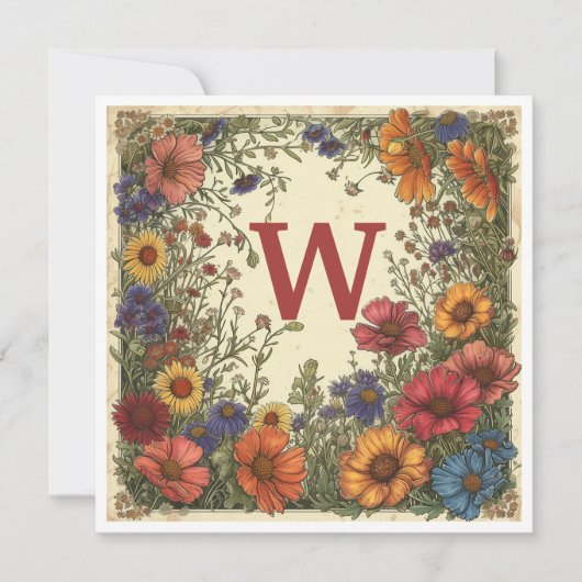 "W" Milano Rood: Bloom & Monogram Feestdagenkaart (Voorkant)