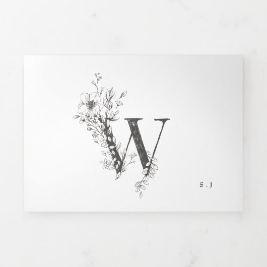 'W' Monogram Beauful Sketched Floral Wedding Drieluik Uitnodiging (Cover)