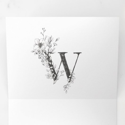 'W' Monogram Beauful Sketched Floral Wedding Drieluik Uitnodiging (Binnenzijde eerst)