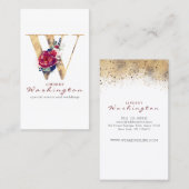 W Monogram Bourgogne Goud en Marine Blauwe Bloemen Visitekaartje (Voorkant / Achterkant)