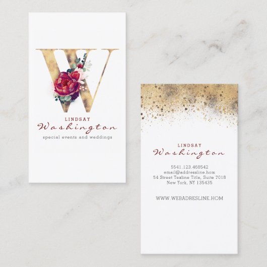 W Monogram Bourgondische rode bloemen en gouden gl Visitekaartje (Voorkant / Achterkant)