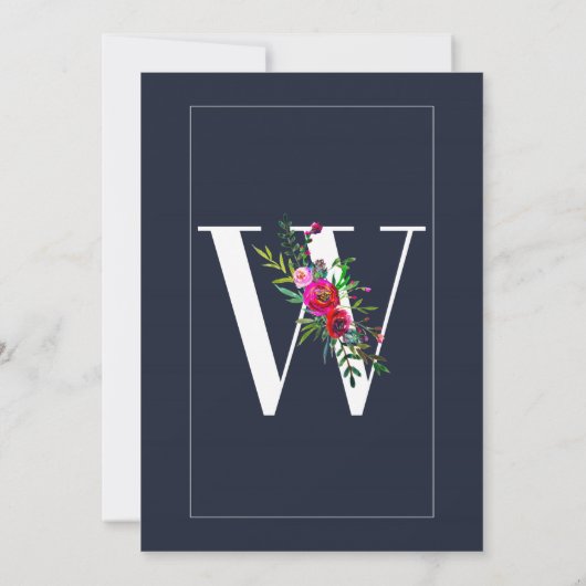 W Monogram Laatste Initiaal Modern Blue Floral Wed Kaart (Achterkant)