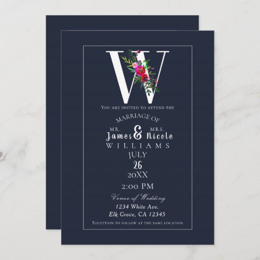 W Monogram Laatste Initiaal Modern Blue Floral Wed Kaart (Voorkant / Achterkant)
