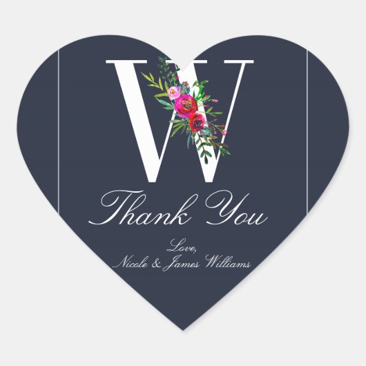 W Monogram Laatste Initiaal Moderne Blauwe Bloem B Hart Sticker (Voorkant)