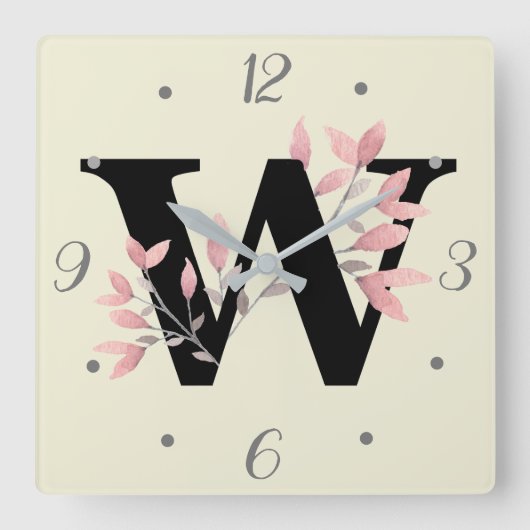 W Monogram met Roze Bloemensprays Vierkante Klok (Voorkant)