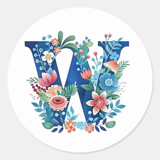 "'W' mooi bloemenmonogram" Ronde Sticker (Voorkant)