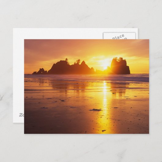 WA, Olympic NP, Shi Shi strand bij zonsondergang,  Briefkaart (Voorkant / Achterkant)