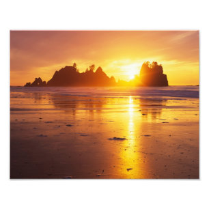 WA, Olympic NP, Shi Shi strand bij zonsondergang,  Foto Afdruk