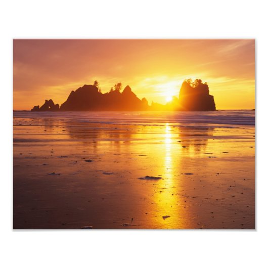 WA, Olympic NP, Shi Shi strand bij zonsondergang,  Foto Afdruk (Voorkant)