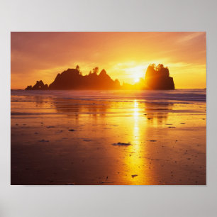 WA, Olympic NP, Shi Shi strand bij zonsondergang,  Poster