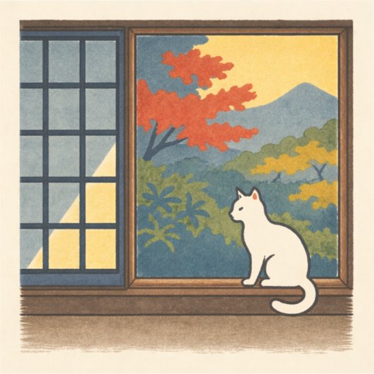 Wa – Quiet Window with White Cat Sticker (Voorkant)