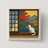 Wa – Quiet Window with White Cat Vierkante Button 5,1 Cm (Voorkant)