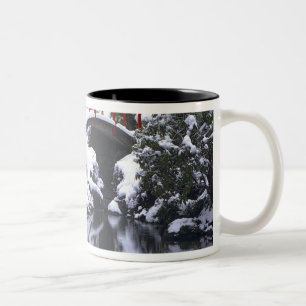 WA, Seattle, Maanbrug en vijver na winter 2 Tweekleurige Koffiemok