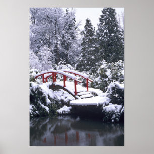 WA, Seattle, Maanbrug en vijver na winter Poster