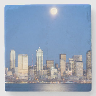 WA, Seattle, Seattle silhouet en Elliott Bay 3 Stenen Onderzetter