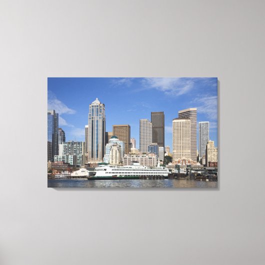 WA, Seattle, Seattle silhouet met veerboot Canvas Afdruk (Voorkant)