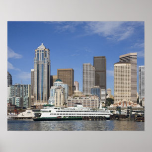 WA, Seattle, Seattle silhouet met veerboot Poster