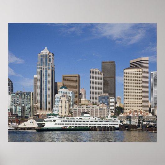 WA, Seattle, Seattle silhouet met veerboot Poster (Voorkant)
