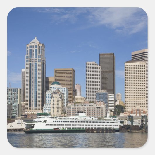 WA, Seattle, Seattle silhouet met veerboot Vierkante Sticker (Voorkant)