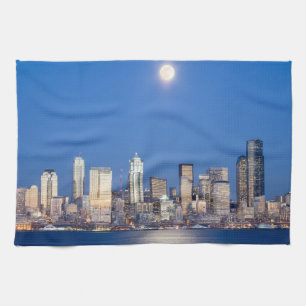 WA, Seattle, Seattle skyline en Elliott Bay 3 Theedoek