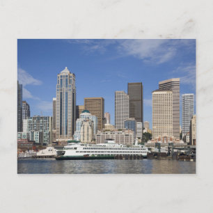 WA, Seattle, Seattle skyline met veerboot Briefkaart