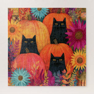 Waakzame Zwarte Kat Herfst Pompoenveld Legpuzzel