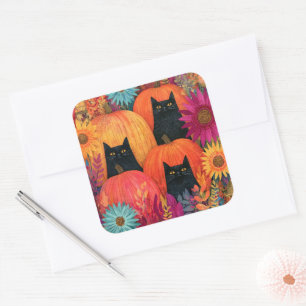Waakzame Zwarte Kat Herfst Pompoenveld Vierkante Sticker