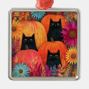 Waakzwarte kat herfst pompoenveld metalen ornament