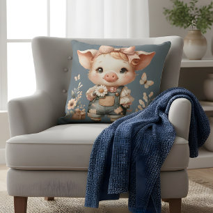 Waanzinnig Biggetje in Pastelkleurige Overall Blau Kussen