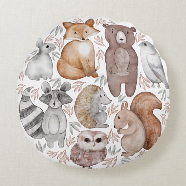Waanzinnig Waterverf Woodland Animals Pattern Rond Kussen (Voorkant)