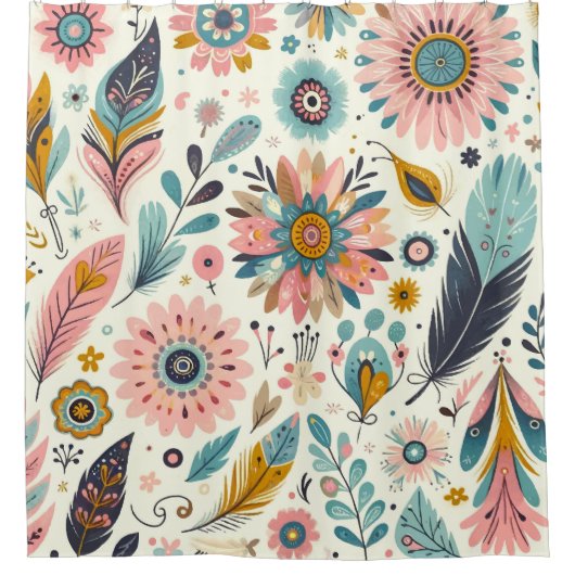 Waanzinnige Boheemse veren en bloemen Douchegordijn (Voorkant)