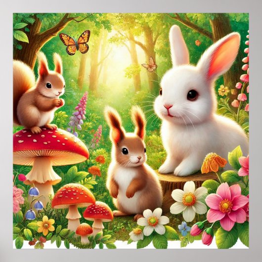 Waanzinnige bosscène met konijnen, eekhoorns poster (Voorkant)