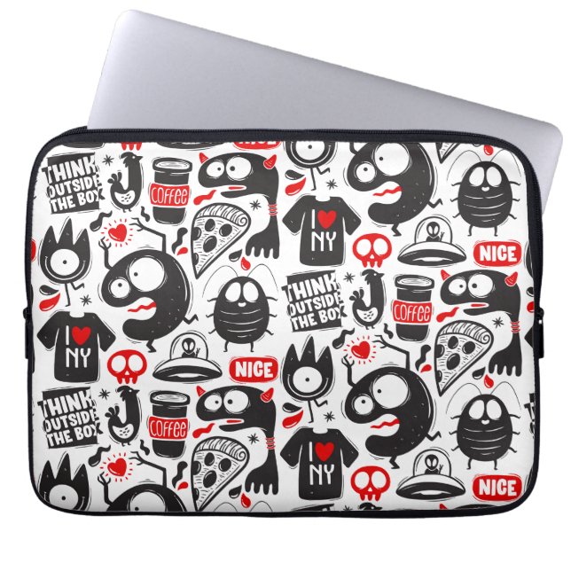Waanzinnige Monsters & Quotes Doodle Laptop Sleeve (Voorkant)