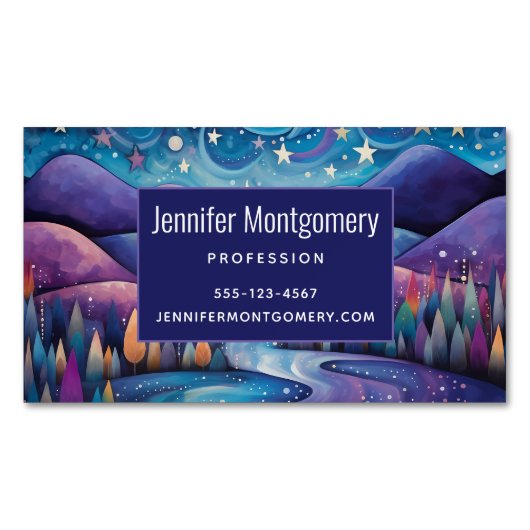 Waanzinnige Nachtbergen en Bomen Landschap Magnetisch Visitekaartje (Voorkant)