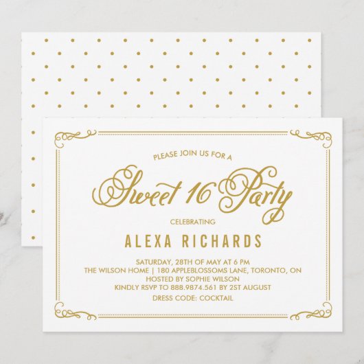 Waanzinnige Rand en Script | Goud Sweet Sixteen Kaart (Voorkant / Achterkant)