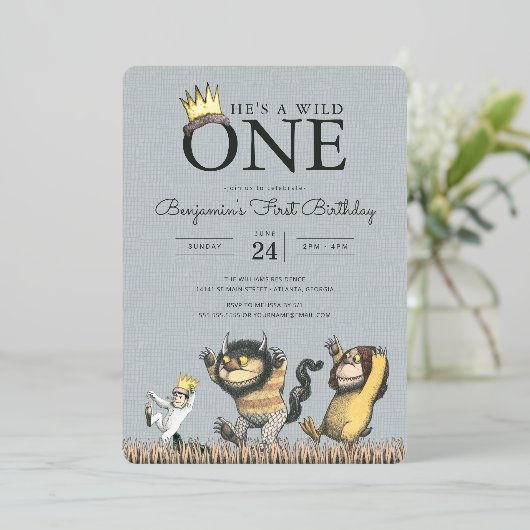 Waar de wilde dingen 1e verjaardag nodiging zijn folie uitnodiging (Staand Voorkant)