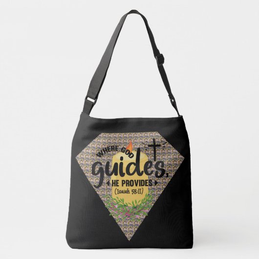 "Waar God leidt, levert hij bijbelse versies" Crossbody Tas (Achterkant)