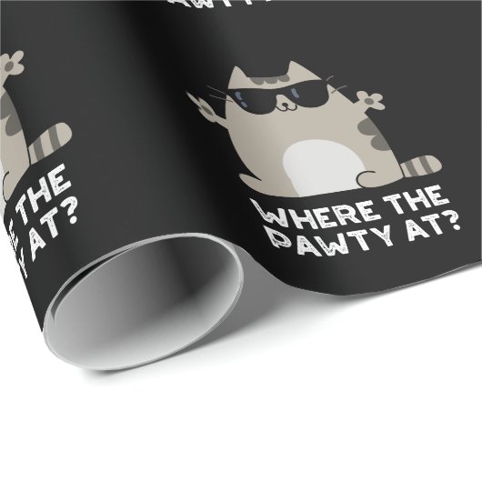 Waar het feestje bij Funny Party Cat Pun Dark BG Cadeaupapier (Rol Hoek)