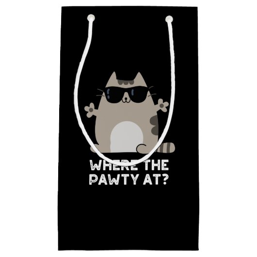 Waar het feestje bij Funny Party Cat Pun Dark BG Klein Cadeauzakje (Voorkant)