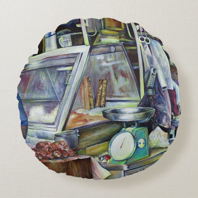 Waar is de viskop curry? Singapore Rond Kussen (Voorkant)