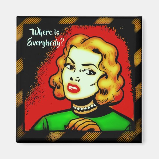 Waar is iedereen ? retro-komische magneet (Voorkant)