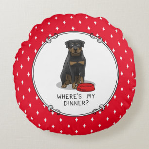 Waar is mijn diner? Rottweiler met Red Dog Dish Rond Kussen