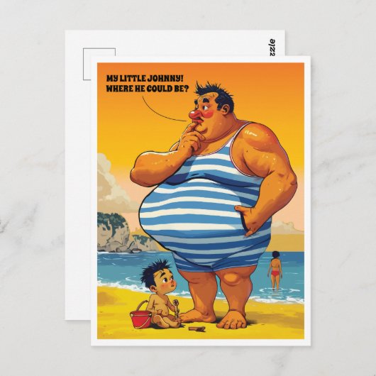Waar is My Little Johnny, Dikke Man op een strand, Briefkaart (Voorkant / Achterkant)