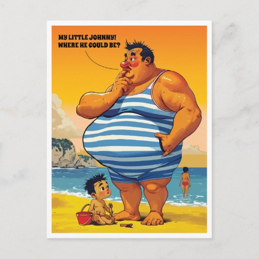 Waar is My Little Johnny, Dikke Man op een strand, Briefkaart (Voorkant)