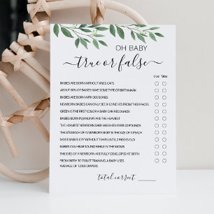 Waar of vals spel met antwoorden Baby shower Kaart