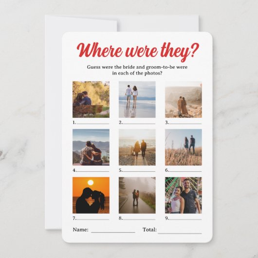 Waar waren ze foto gissen koppels douche spel kaart (Voorkant)