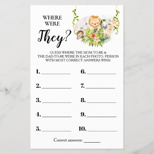 Waar waren ze Oerwoud Baby shower Game Kaart? Flyer (Voorkant)