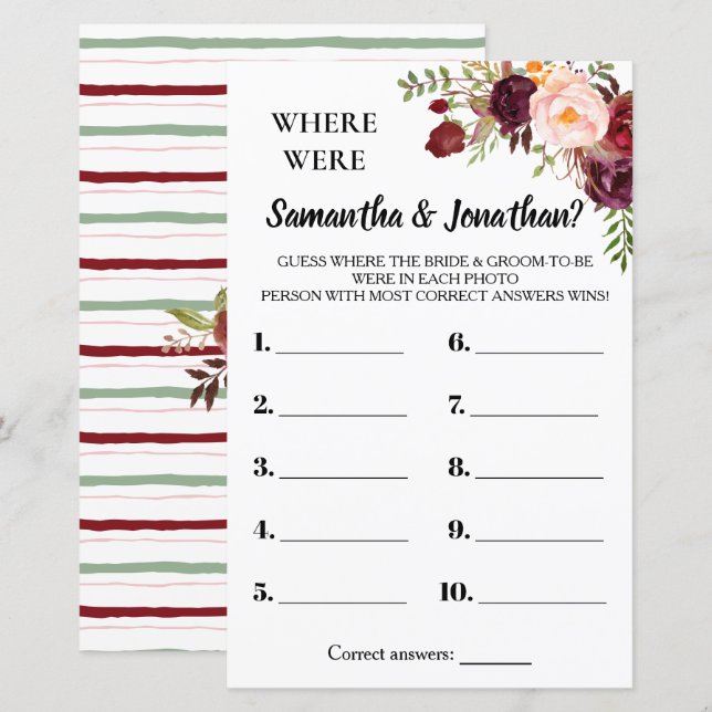 Waar waren Zij Marsala Bloemen Bruidsdouche Spel (Voorkant / Achterkant)