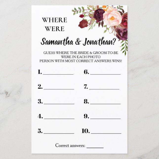 Waar waren Zij Marsala Bloemen Bruidsdouche Spel (Voorkant)